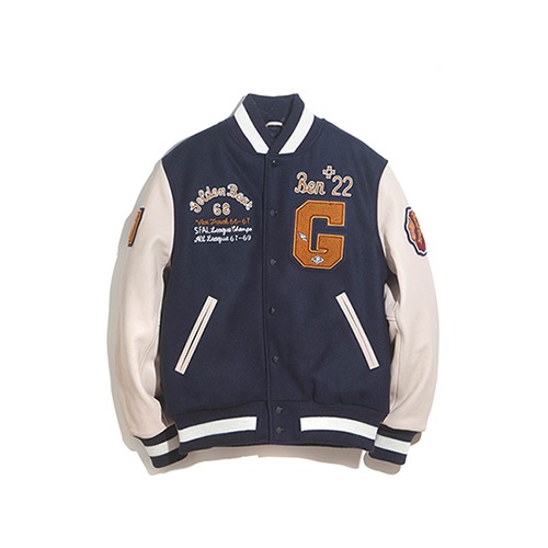 Golden Bear - Navy/Stone Snap Front Ben Embellishment Varsity Jacket Contemporary Fit